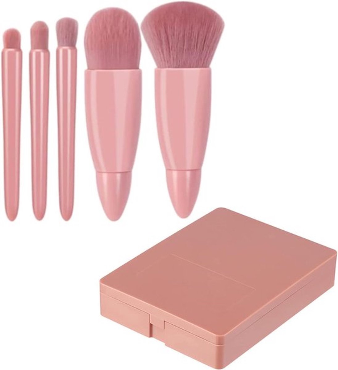 Set van 5 Cosmetische Borstels met Spiegel Doos voor Reizen - Make-up Borstels voor Poeder, Foundation & Blush - Draagbare Make-up Set van 5 Stks