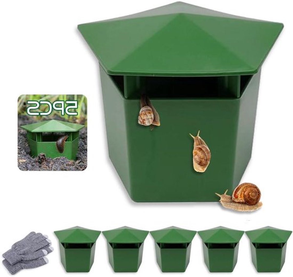 Set van 5 slakkenvallen voor de tuin - Herbruikbare plastic bierslakkenvallen - Vriendelijke slakkenvanger met handschoenen