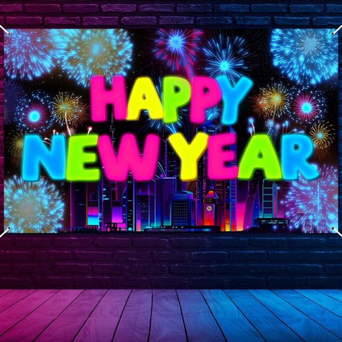 - Neon oudejaarsavond decoraties - Gelukkig Nieuwjaar banner - Extra groot formaat - 185 x 110 cm - Fotocabine rekwieten - Perfect voor oud..