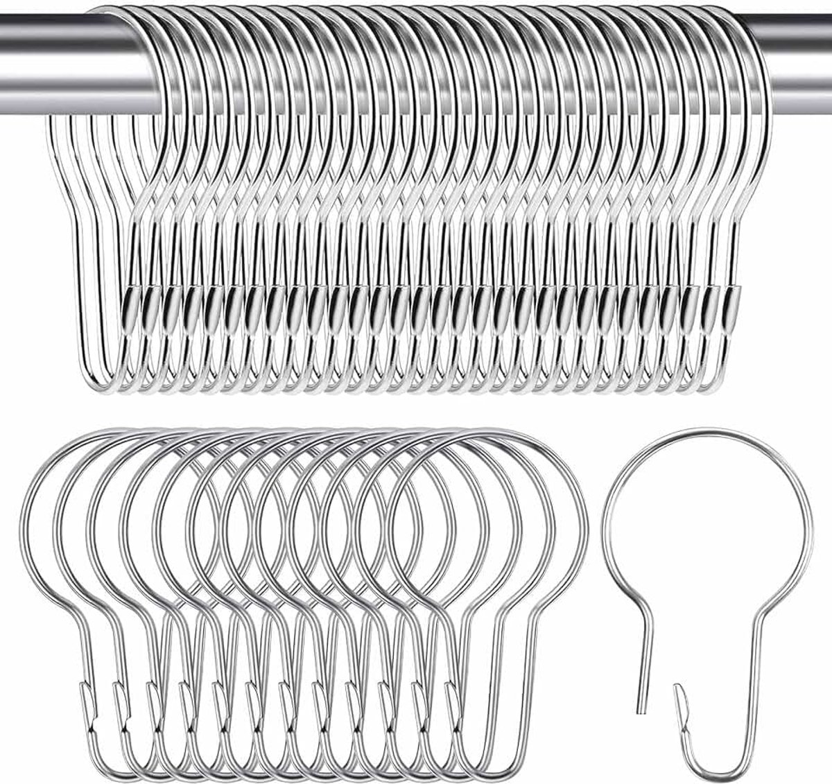 Ringen van metaal, douchegordijnringen van roestvrij staal, 50 stuks, zilverkleurig, haken voor douche, haken voor slaapkamer, woonkamer, keuken, om op te hangen, 7 x 4 cm