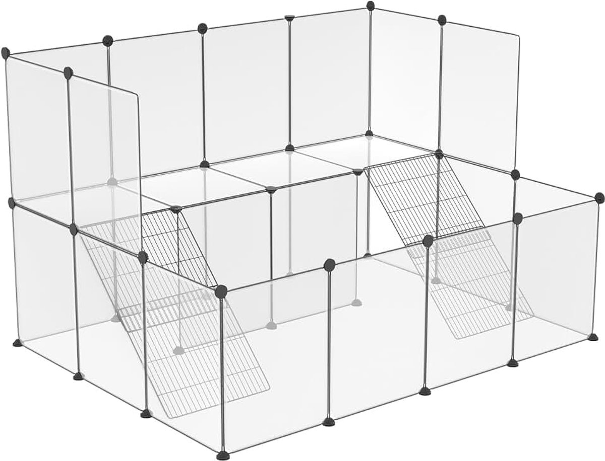 Dierenren 26-delige loopstallen 143x108x93cm looprooster puppy box Wit kleindierenverblijf 35x45cm per stuk vrijloopbehuizing DIY Uitbreidbaar konijnenverblijf, met roosterladder