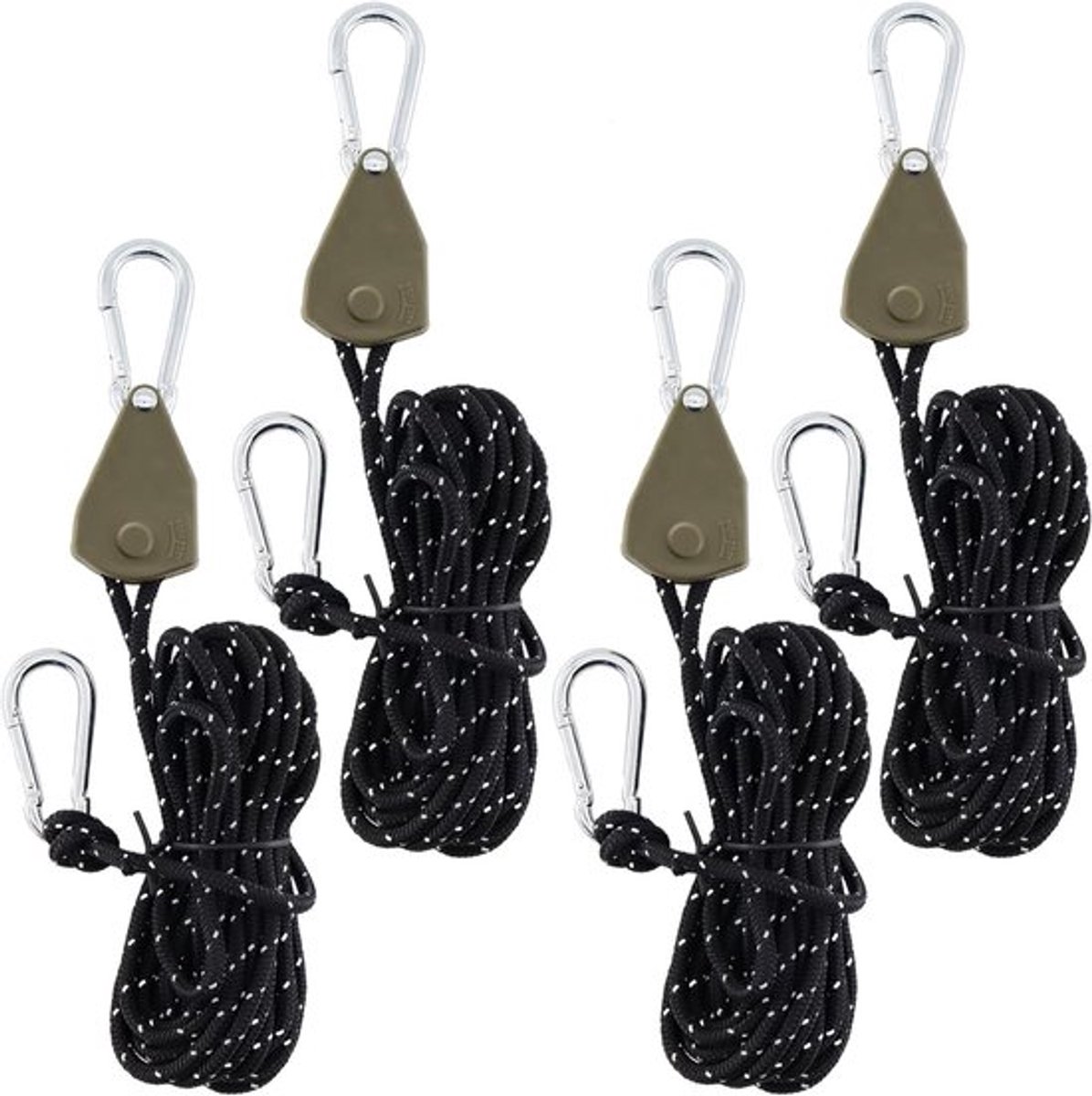 Reflecterende Touwratels 4 stuks, 4m x 4mm, Sterke Touwratchet met Haken voor Buiten, Kamperen en Tentgebruik
