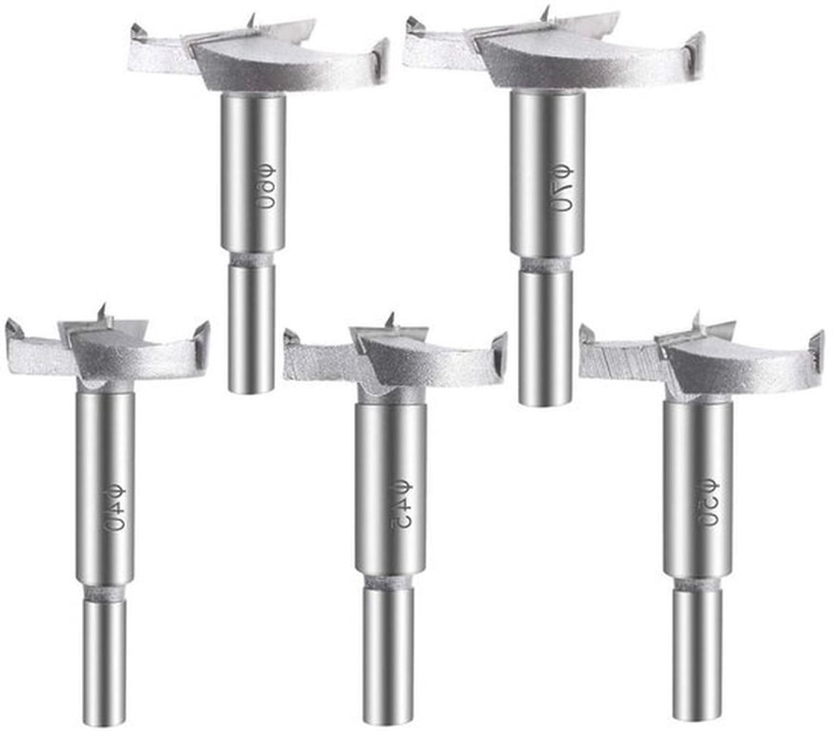 Set van 5 grote Forstner boren voor hout en plastic, inclusief 40/45/50/60/70mm maten.