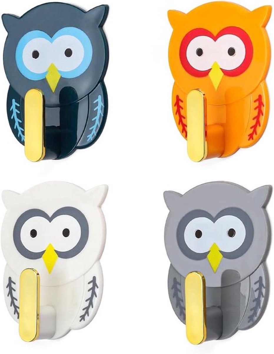 Uilhaken voor kindergarderobe, zelfklevend en decoratief, 4 stuks. Geschikt voor badkamer, keuken, deur.