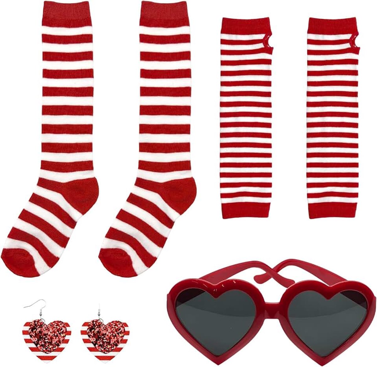 4-pack verkleedkostuum accessoires, rood en wit gestreepte armhoezen en kuitsokken, hartvormige oorbellen en bril, carnaval cosplay feestset, Valentijnsdag rekwisieten