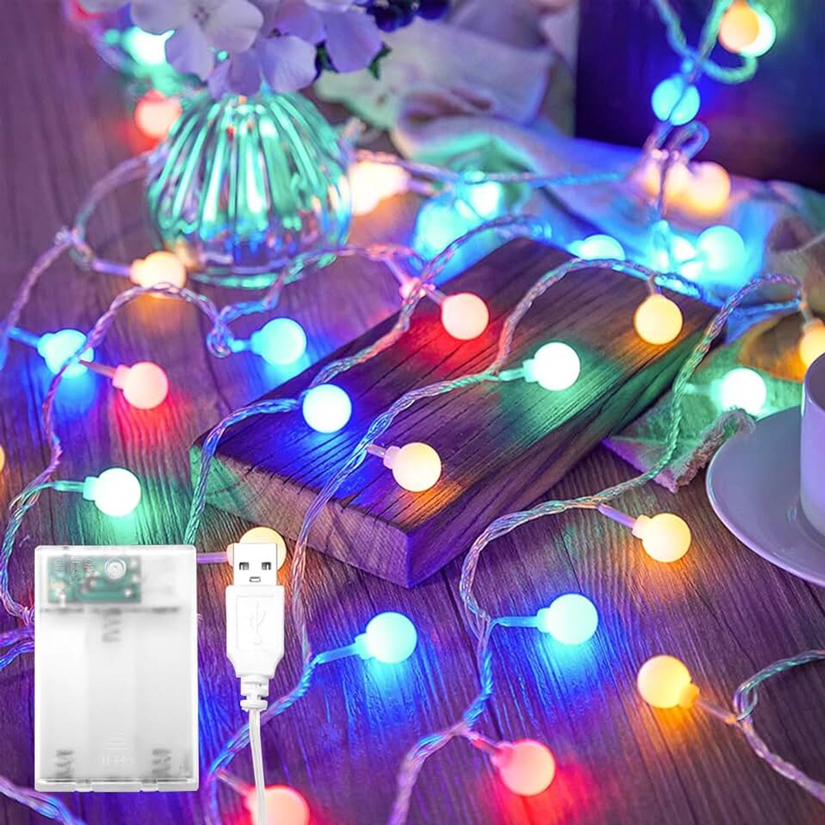 Led-lichtsnoer met bollen, 10 m, 80 leds, kleurrijke bollen, batterij/USB-voeding, led-lichtketting voor kamer, balkon, bruiloft, feest, Kerstmis, binnen- en buitendecoratie