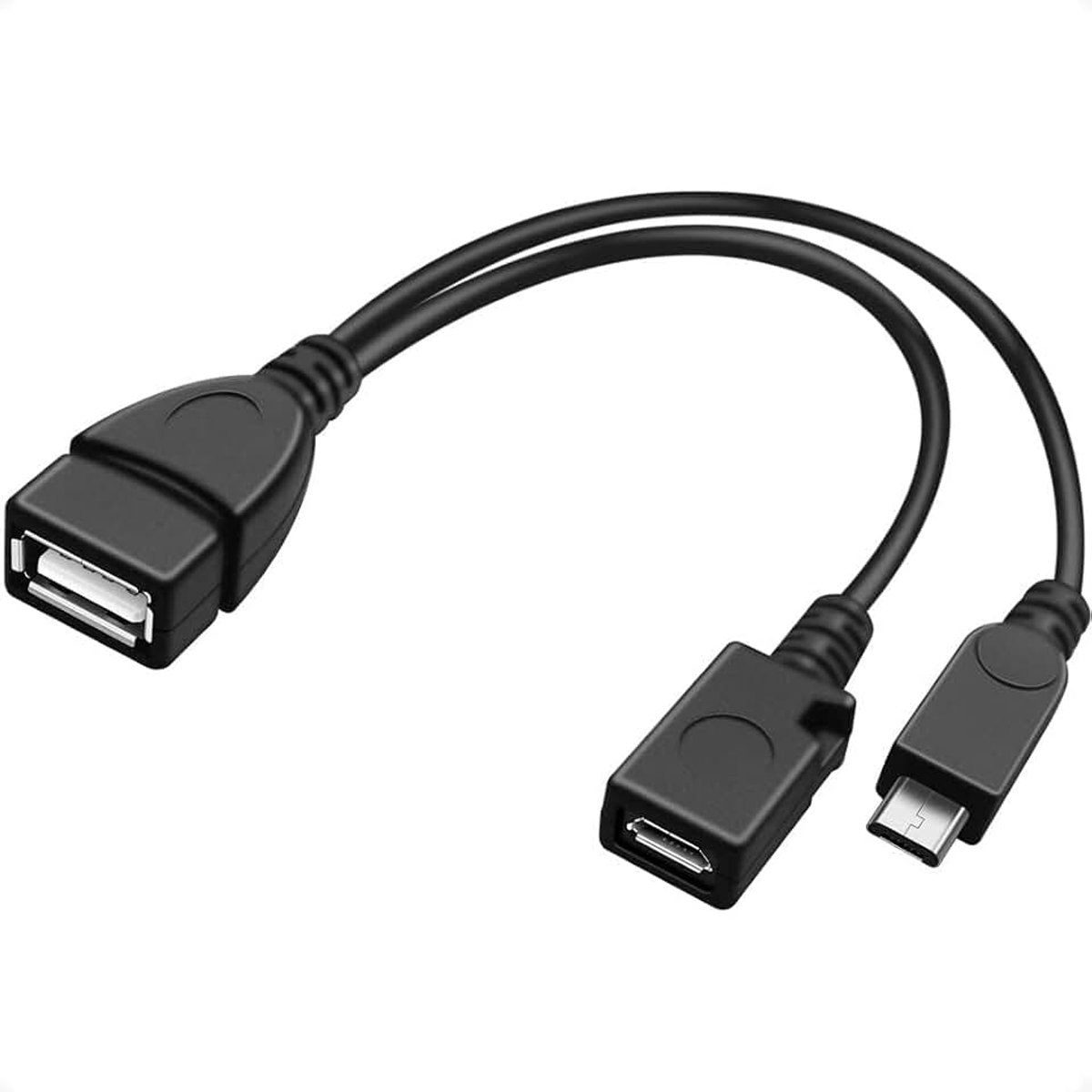 USB-adapterkabel, OTG, USB-aansluiting naar micro-USB-contact+micro-USB-stekker, kleur zwart, 14 cm