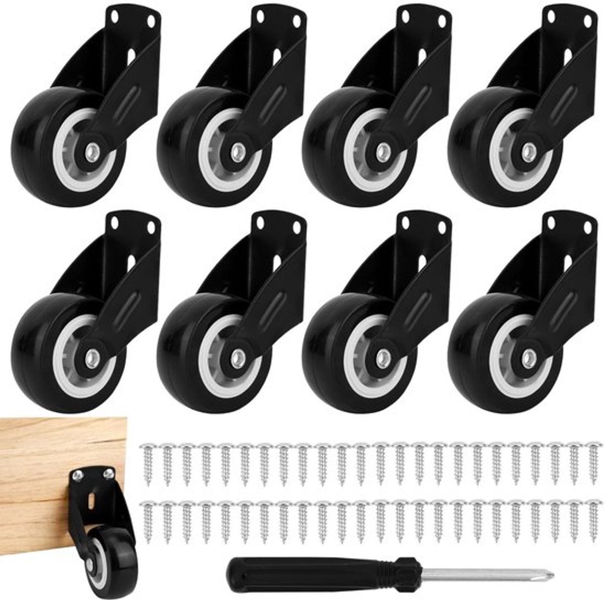 Set van 8 Deurwielen van 5 cm met 48 Schroeven, Ondersteuning voor Houten Deuren en Meubels, Antikras en Antisag Rollen