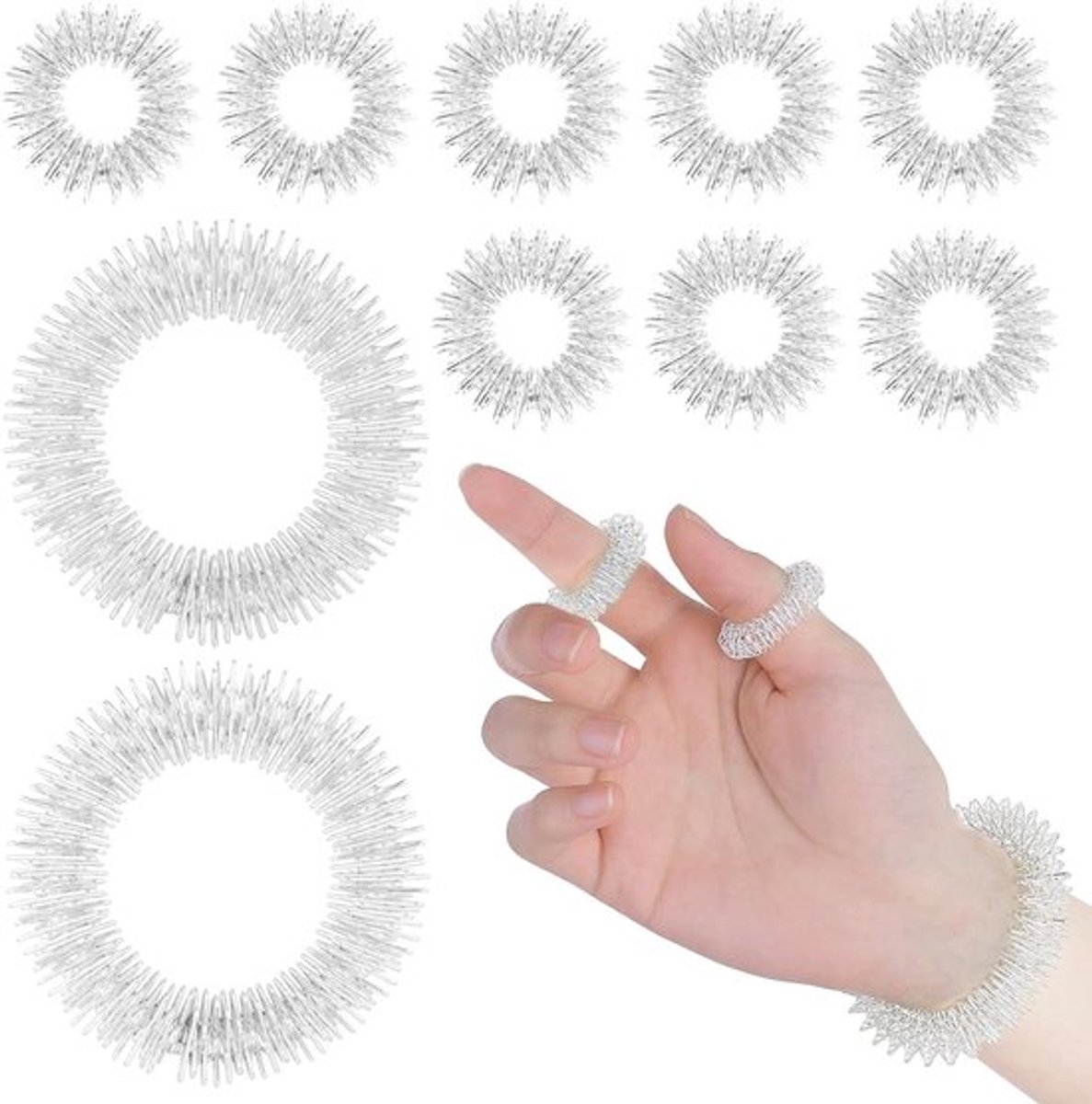 Set van 12 Acupressuur Ringen voor Vinger- en Polsmassage, Verlichting van Stress en Verbetering van Bloedcirculatie, Ideaal voor Ontspanning en Sensorische Stimulatie