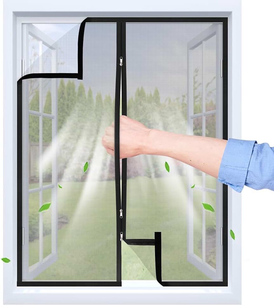 Vliegengaas voor ramen met 2-weg-ritssluiting, zwart, 70 x 130 cm | Transparant plakband, ademend PP-weefsel, herbruikbaar en wasbaar