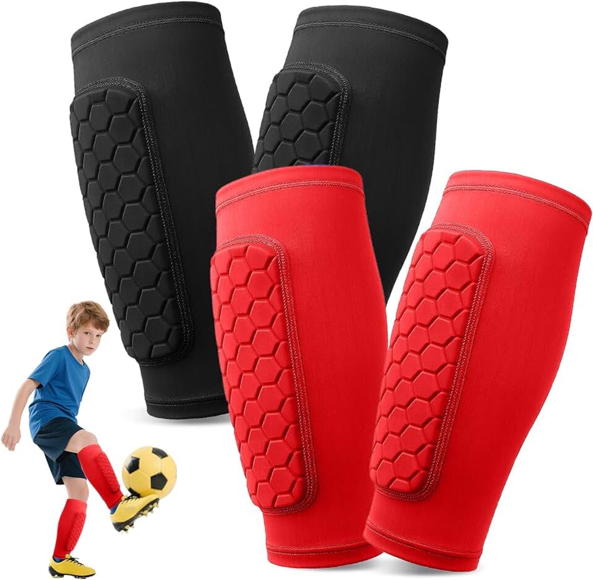 Scheenbeschermers voor Kinderen en Volwassenen, Kuitbescherming Ademend en Antislip, Voetbal Scheenbeschermers met Honingraatstructuur voor Jongeren Heren