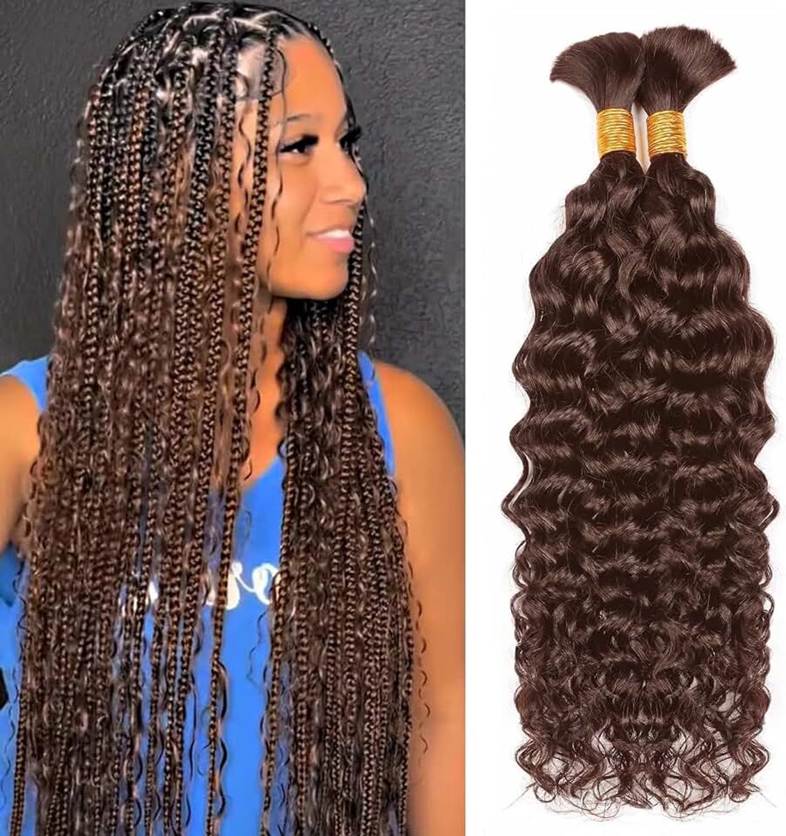Wave Bulk Human Braiding hair for Boho Braids 2 Bundles/Pack 100g No Weft 10A Brazilian Water Wave Bulk Dark Brown Human Hair Extensions for Braids (4#, 26Inch)