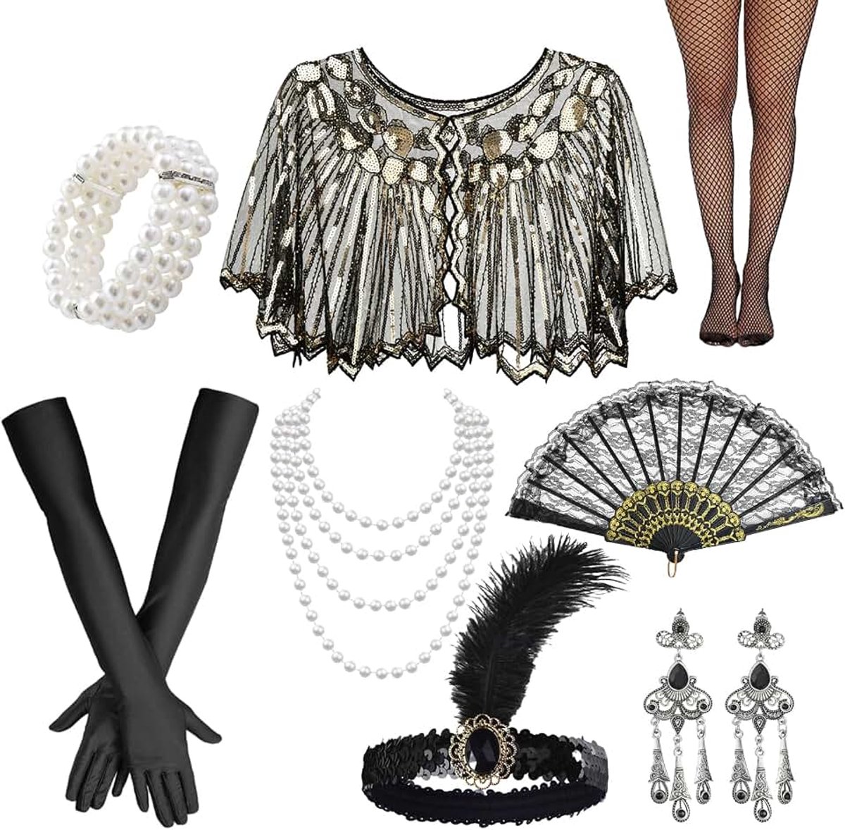 8-delige set flapperaccessoires voor dames, jaren 20 Great Gatsby-themaset, Great Gatsby-feestset met parelsieraden, hoofdband met pailletten, handschoenen, kanten ventilator, sjaal en kousen voor