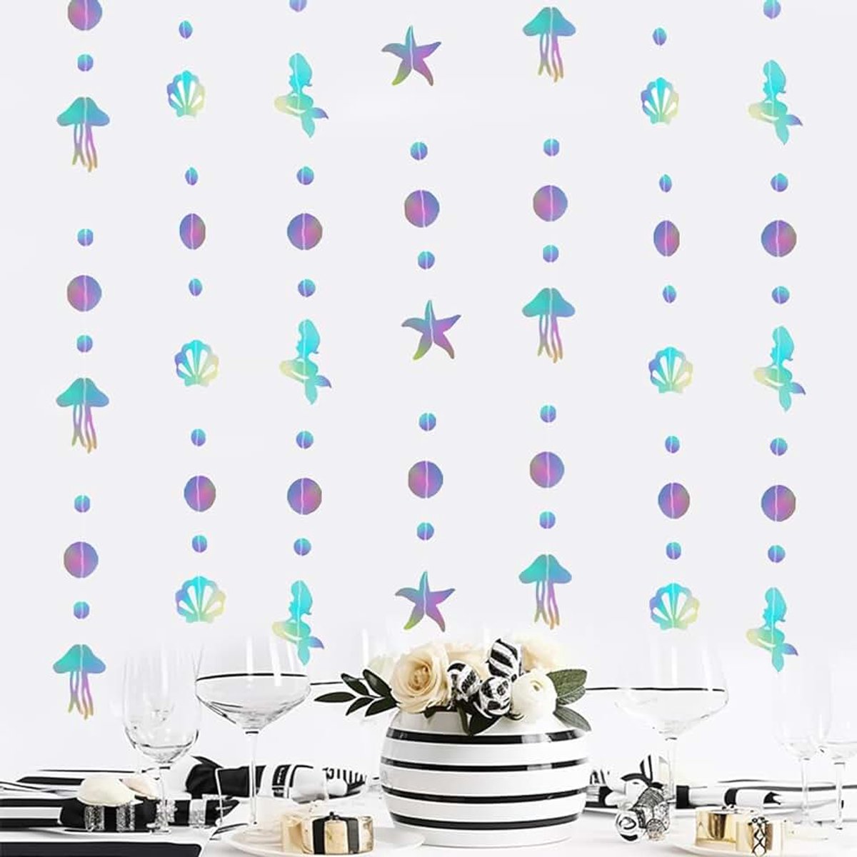 15,8 m iriserende zeemeermin feestdecoraties, benodigdheden, Bubble Pearl zeester zeeschelp kwal slinger, holografisch papier vlaggenlijn streamers, onder de zee decoraties