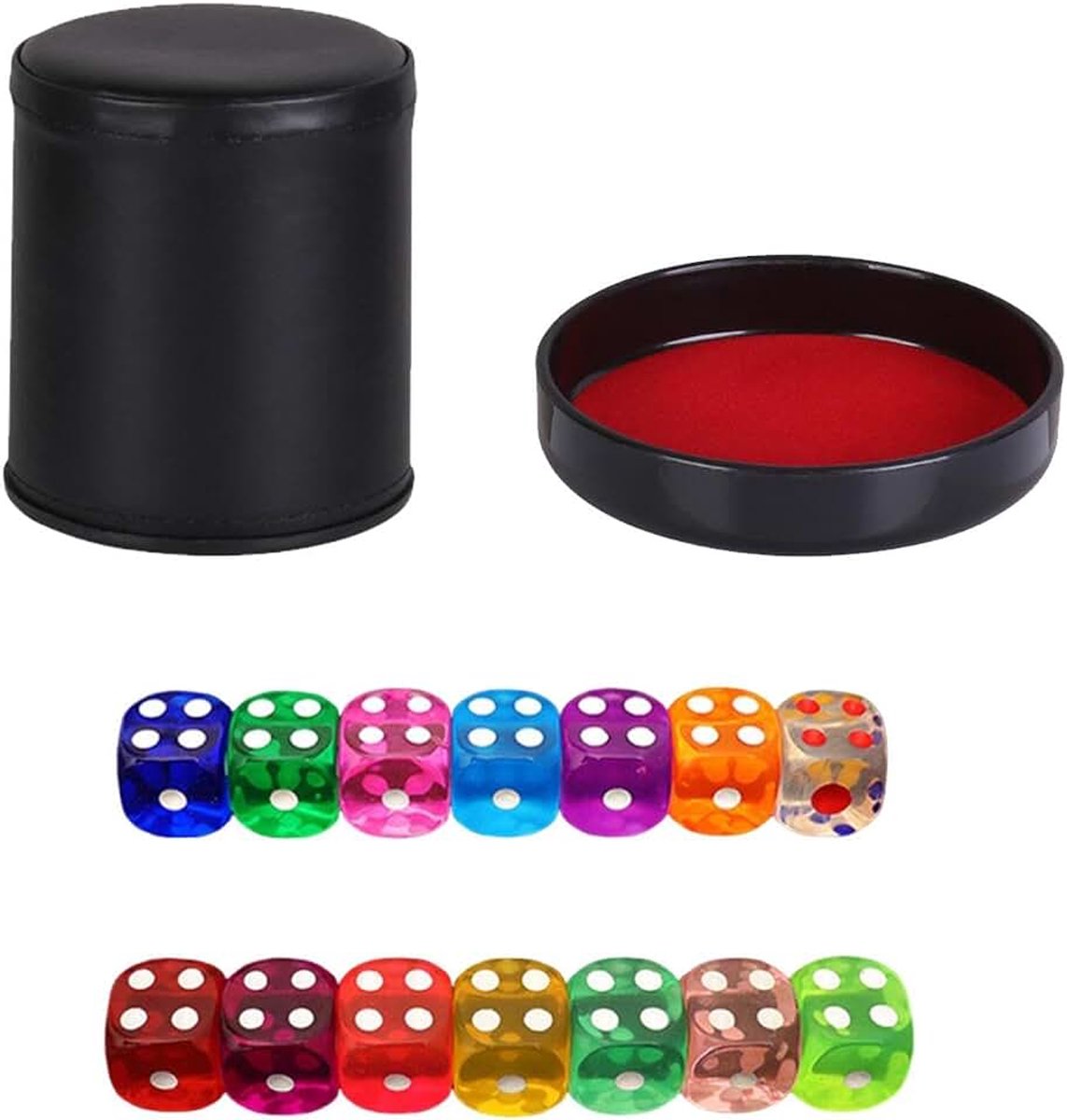 1 x dobbelbeker van leer en fluweel met deksel en 10 kleurrijke dobbelstenen, accessoires voor bordspellen, interactieve gezelschapsspellen, werpspeelgoed