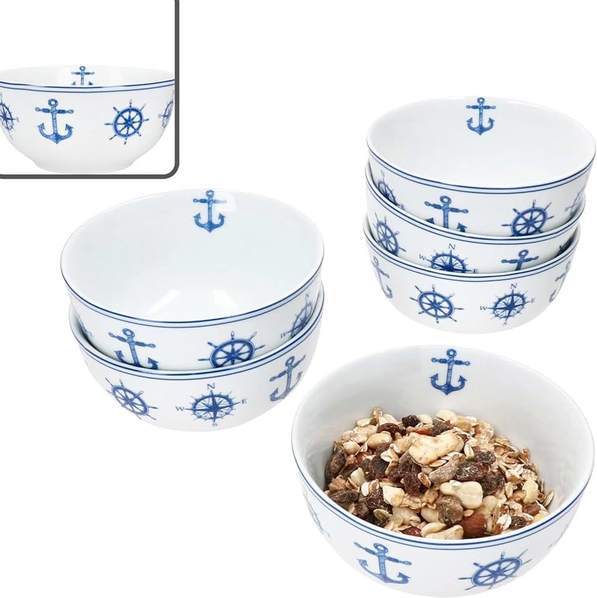 Ahoi Set van 6 mueslikommen 13,9 cm, 400 ml, blauw-witte porseleinen kom met nautische motieven voor 6 personen, schaaltjes voor salade, soep, muesli, chips enz.