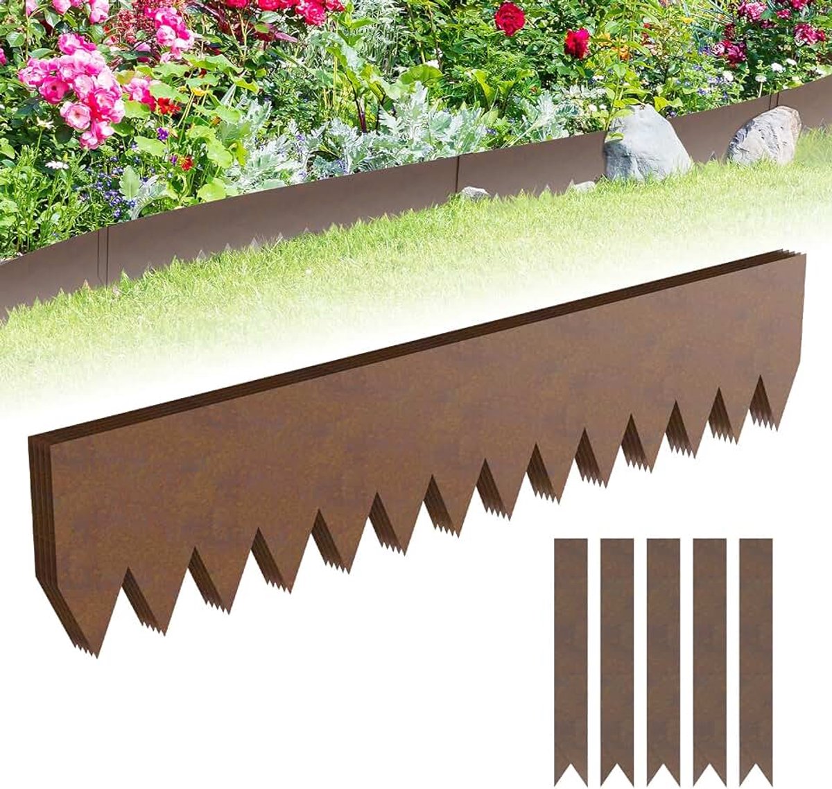 Flexibele gazonrand, L 100 x H 20 cm, bloembedomranding met doornen, tuinperkbegrenzing voor binnenplaats, boerderij, worden gebruikt, roestkleur, 5 stuks