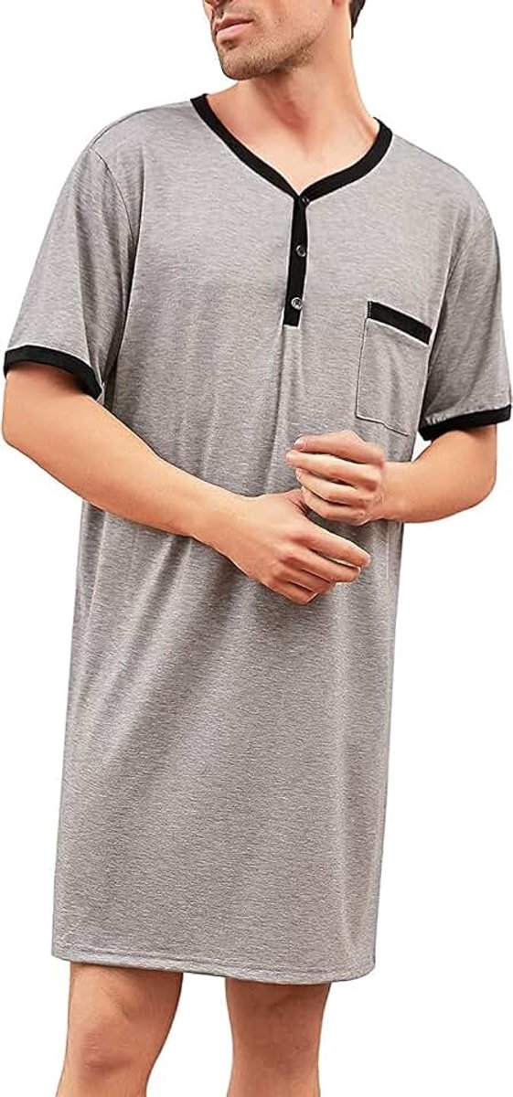Nachthemd voor heren, katoenen pyjama met lange mouwen, korte mouwen, pyjama-bovenstuk, lang T-shirt, ronde hals met knopen, huiskleding, grote maat, zacht, comfortabel