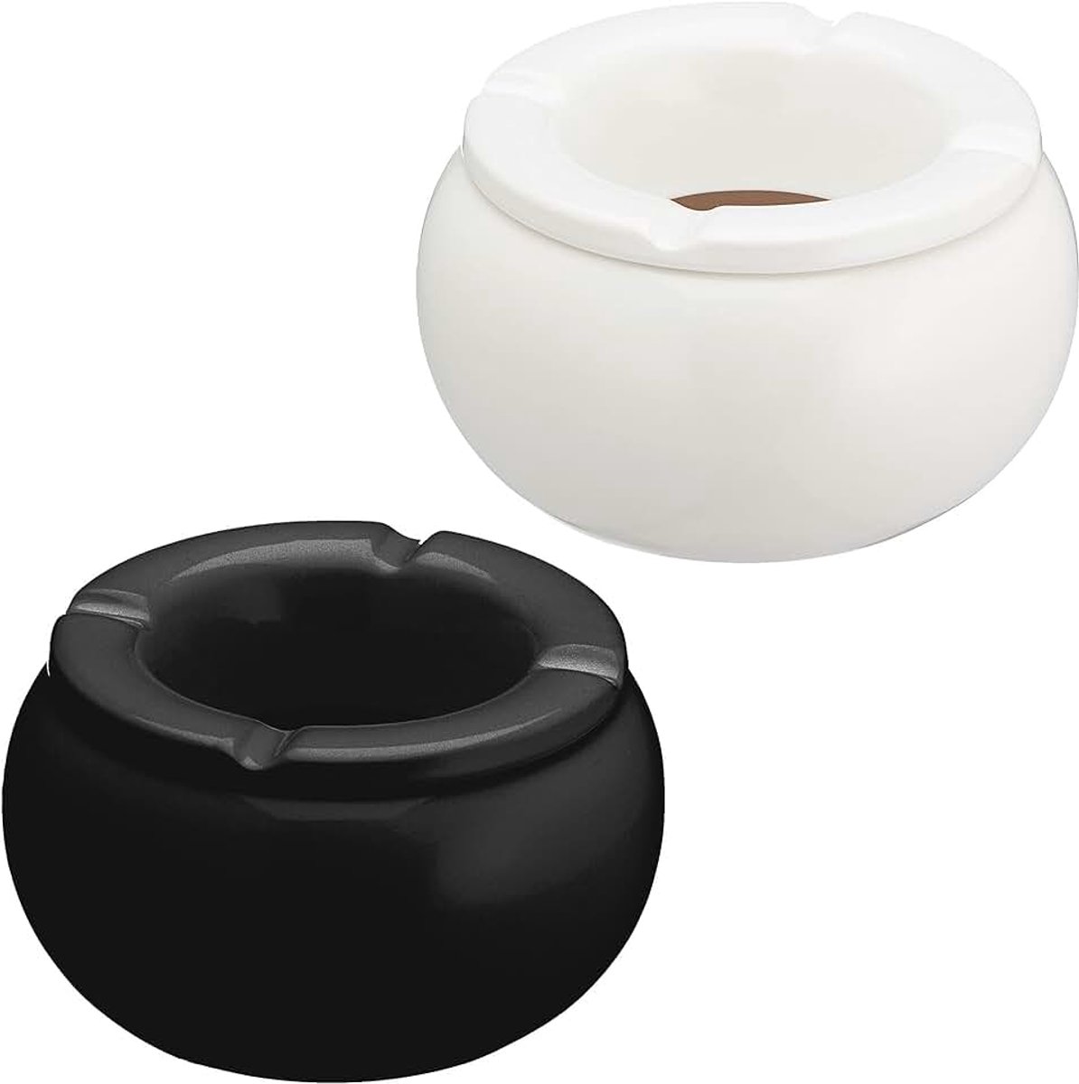 Set van 2 stormachtige asbak Ø 10 cm - Wit en zwart keramiek - Afneembaar eindstuk - Windasbak (2 asbak zwart/wit)