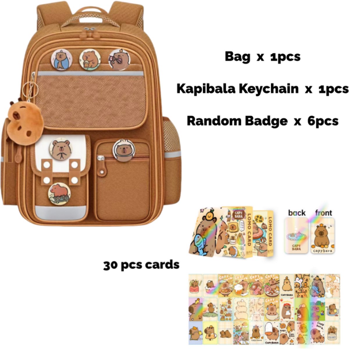 Namajunas - Schooltas - Schattige bruine capybara rugzak - Cartoon kinderrugzak met grote capaciteit - Gratis bijgeleverd: badge, sleutelhanger en etui – allemaal met capibara-print - Ideaal cadeau voor de start van het nieuwe schooljaar