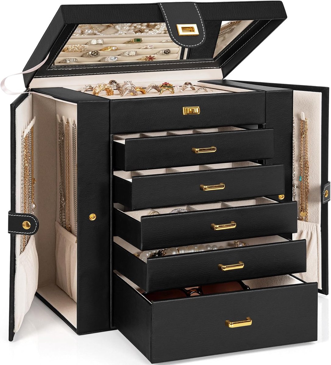 SnelShoppen - Grote Sieraden Box Organizer met Slot, Extra Grote Leren Sieraden Opbergzak voor Vrouwen Meisjes, Ring, Ketting, Oorbellen, Armband Houd
