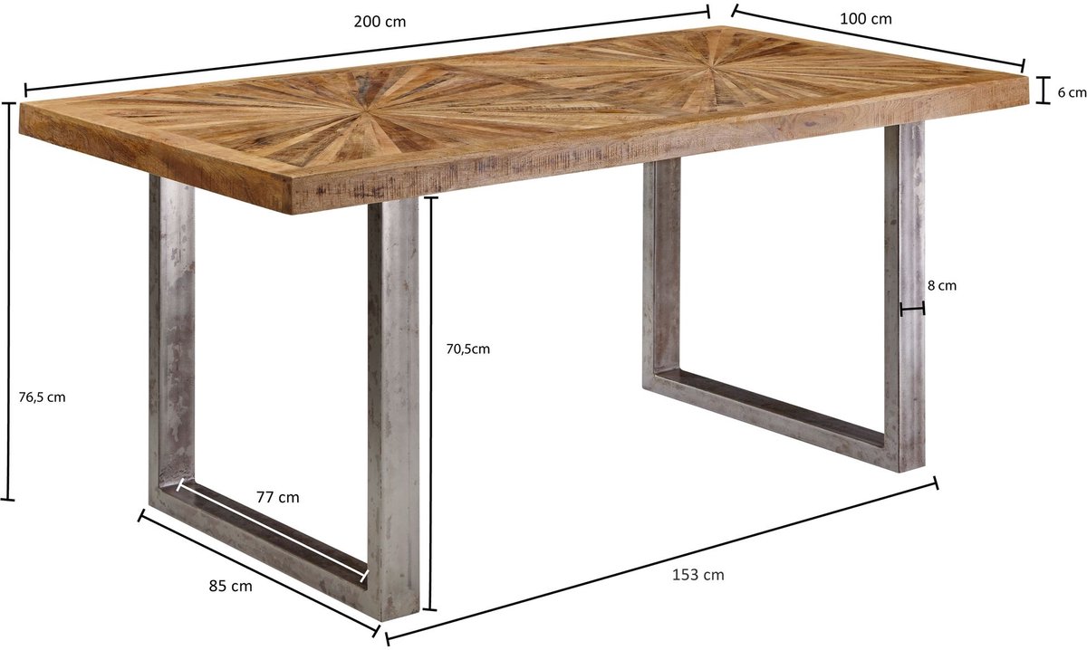 eettafel mango massief houten eetkamertafel 200x76,5x100 cm | Keukentafel loft natuur | Massief houten tafel met metalen frame | Industriële tafel