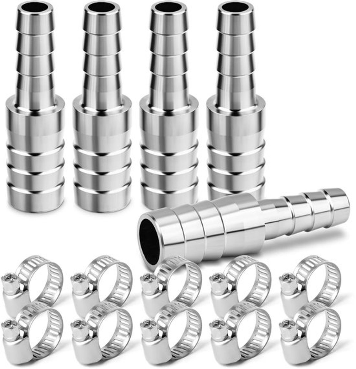 Roestvrijstalen slangkoppeling - 5 stuks - Verloopstukken voor lucht en water - Zilver - Slangadapter voor koelmiddel - Geschikt voor ind...