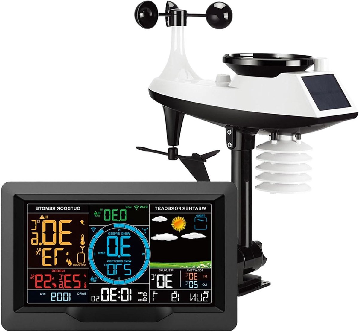 Weerstation met Buitensensor - Draadloos Weer Monitor Systeem - Weer Voorspellen - Met Regenmeter Windmeter - 20.5 cm Host - Zwart