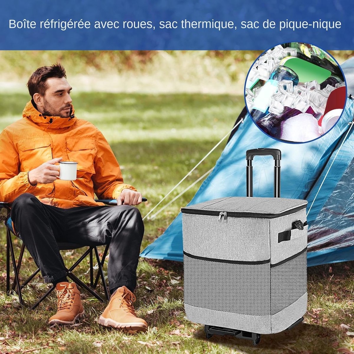 Koelbox op wielen - Isolerende tas - Outdoor avonturen - Waterdicht en herbruikbaar - 35 liter - Grijs