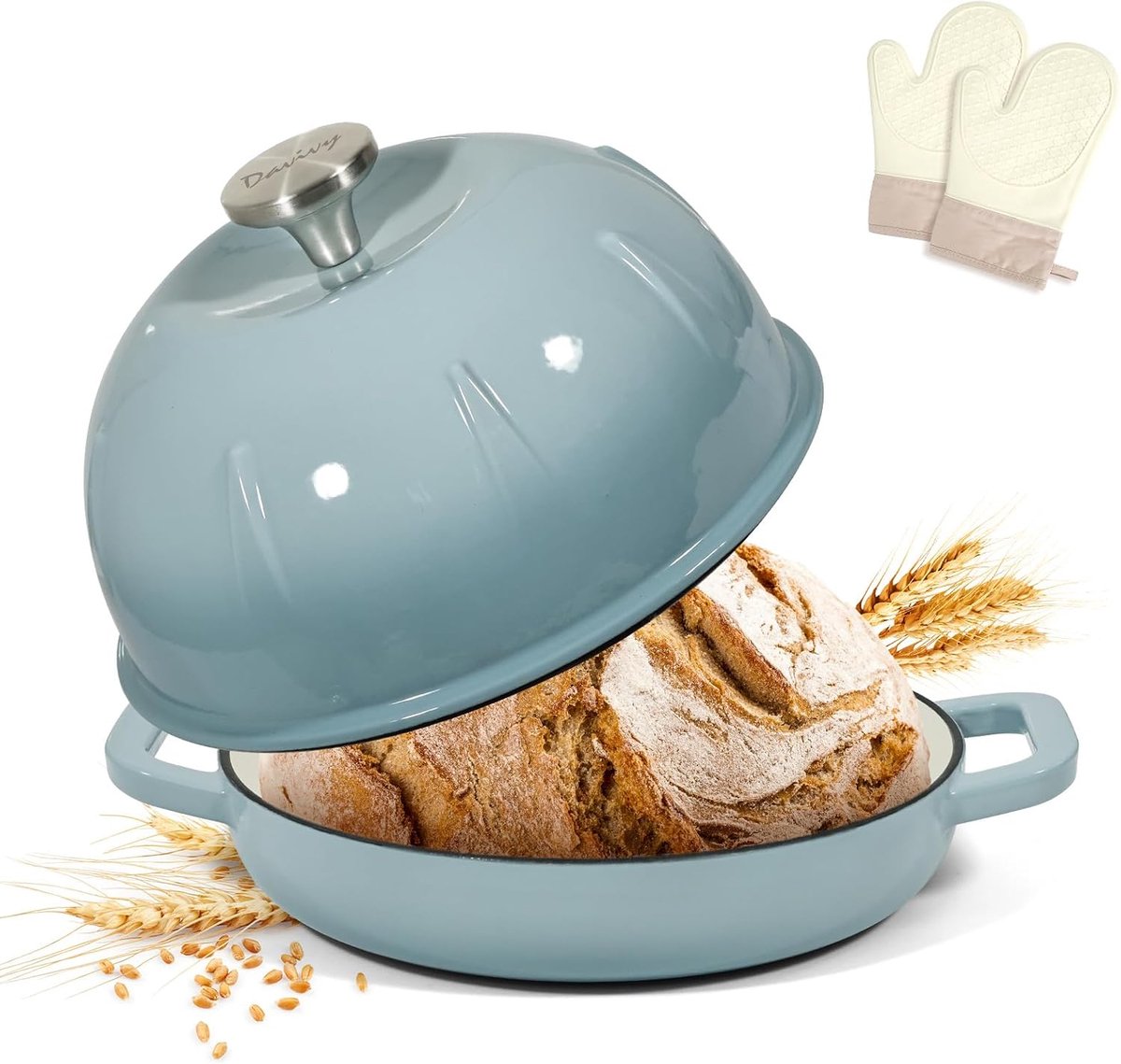 Gietijzeren Nederlandse oven voor zuurdesembrood, Hollandse ovenpan met koepelvormig deksel, gietijzeren broodpot - met ovenwanten, zeezout blauw