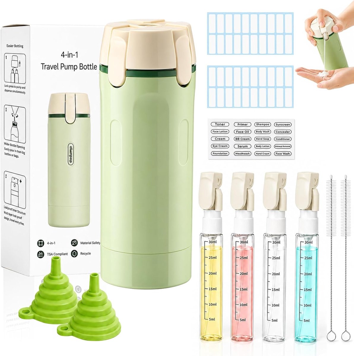 4 in 1 Travel Dispenser Bottle(Includes Labels、funnel、Cleaning Straw Brush) | 4 in 1 Travel Bottle Dispenser丨4 in 1 Travel Bottle Dispenser for Shampoo Lotion Conditioner Cream Essentials