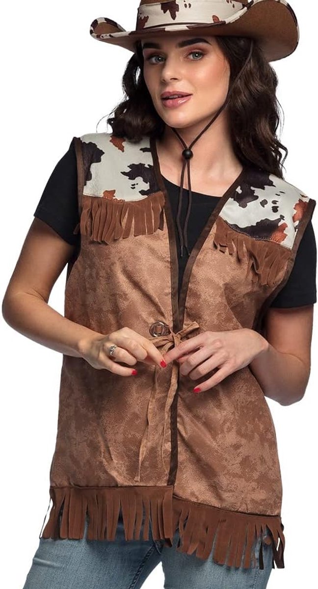 54322 - Western vest voor volwassenen, unisex, bruin, jas, gilet, cowboy, Wild West, kostuum, carnaval, themafeest