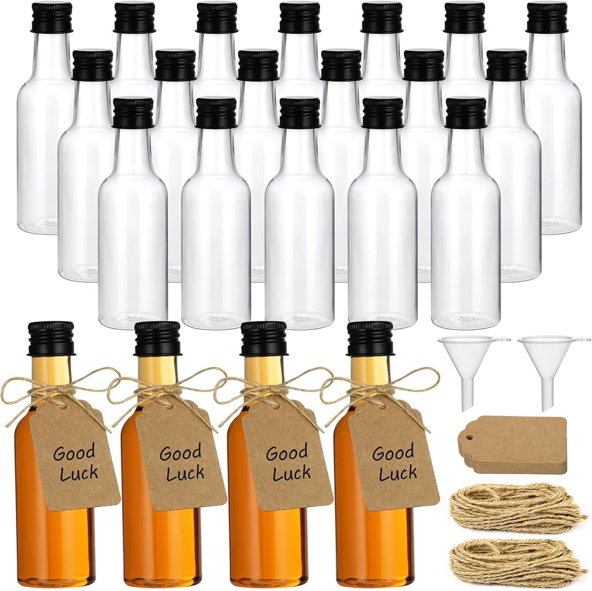 mini-flesjes van kunststof, 18 stuks Kleine Likeur Flessen, 50ml plastic flesjes herbruikbaar met deksel en trechter, kraftpapieren etiket en henneptouw, voor vloeistoffen, wijn, sap, alcohol