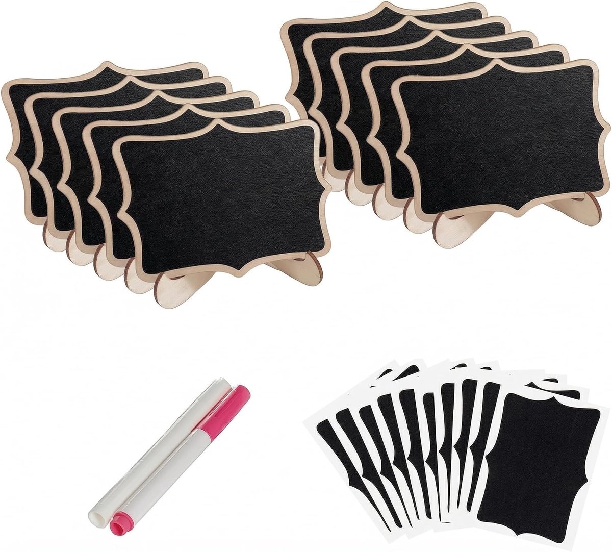 10 stuks kleine krijtborden met standaard, krijtmarker en stickers, kleine krijtborden om te schrijven, houten houder voor bruiloftskaarten, prijskaartjes, buffet - A
