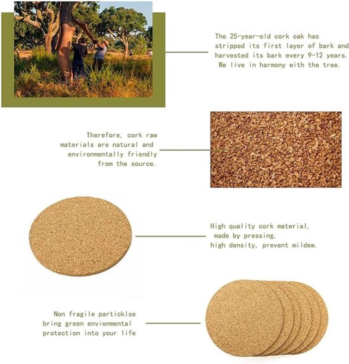 - Onderzetters set van 8 stuks - Kurk - Ronde onderzetters - Dranken - Geschikt voor kopjes en glazen - Natuurlijke kurk - Ronde vorm - Tafeldecoratie met kurken onderzetters.