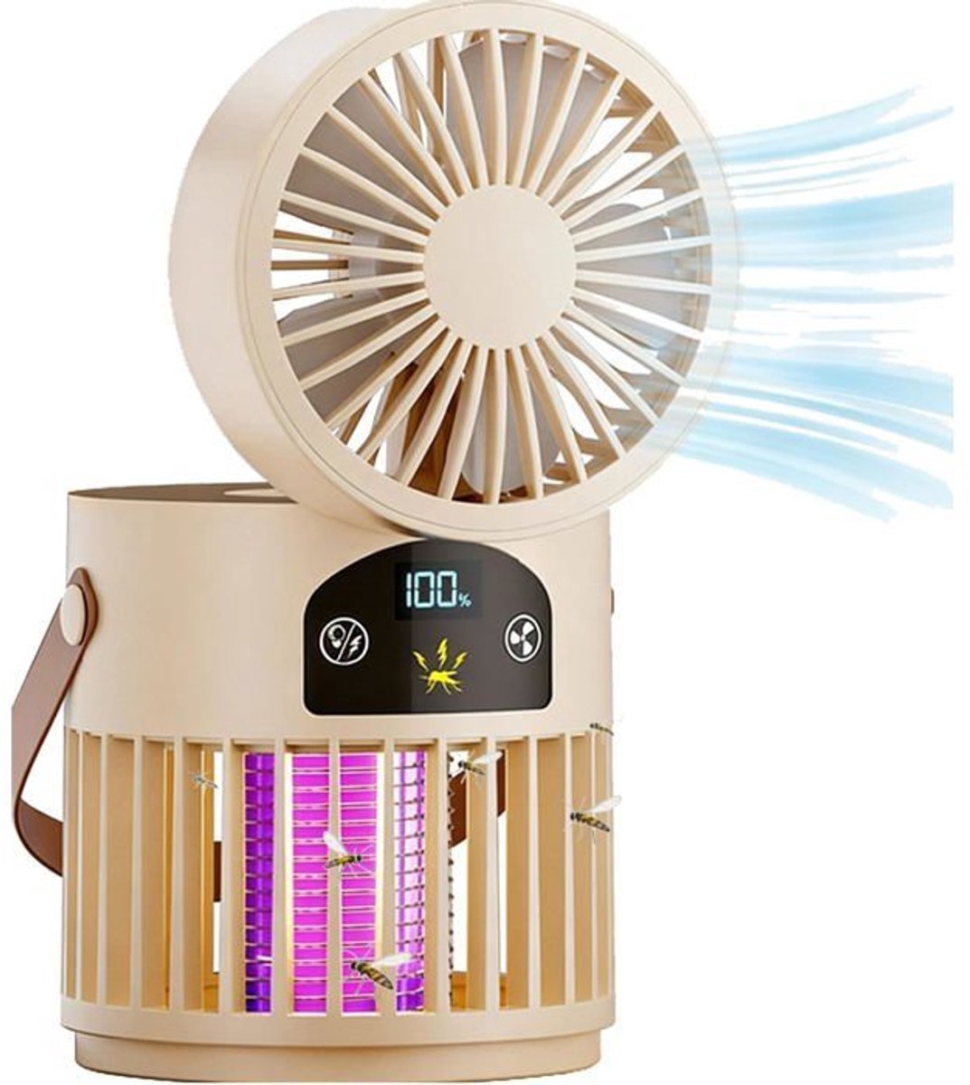 Lampventilator in de vorm van een mug, 3600 mAh, oplaadbaar, gebroken wit.