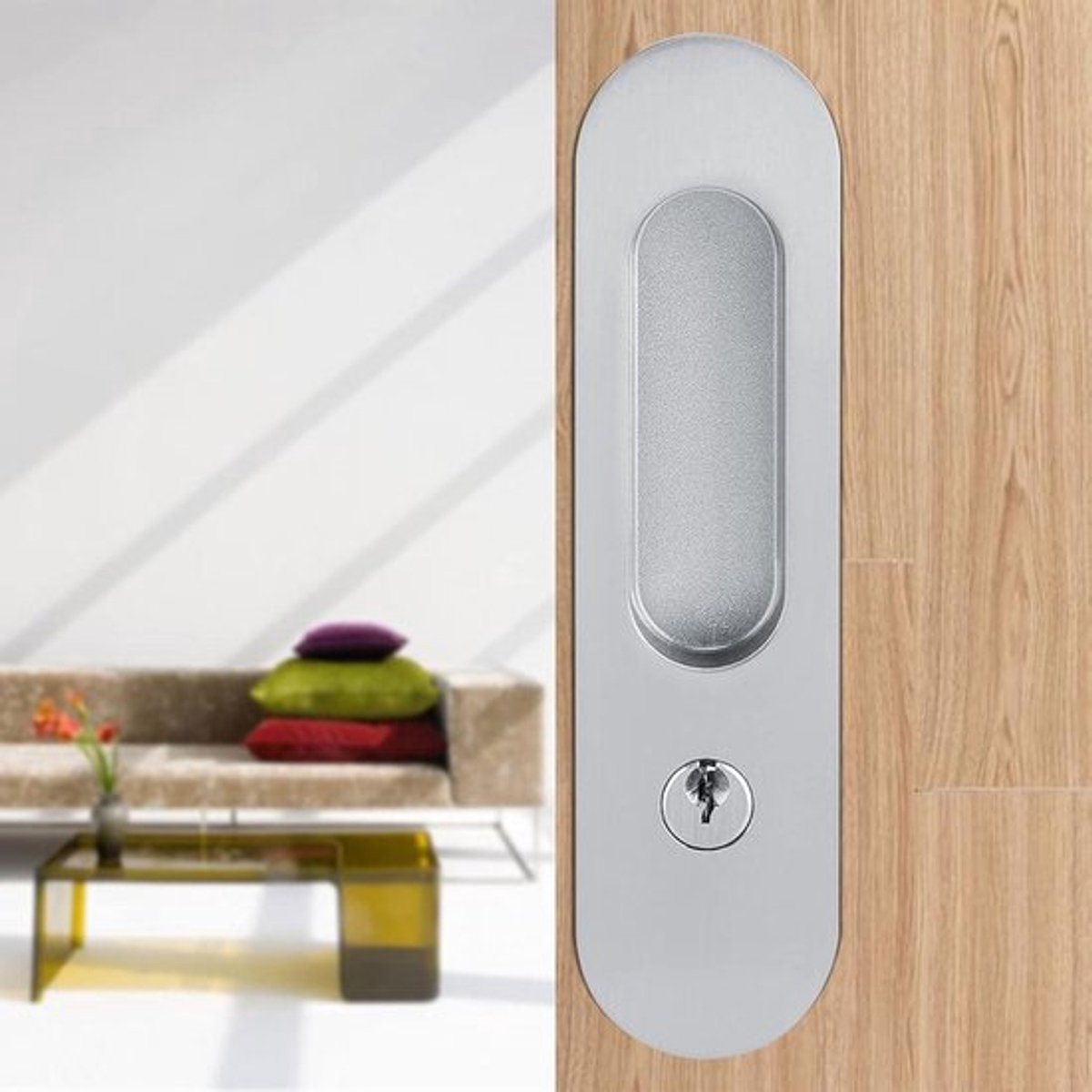 Schuifdeurslot met sleutel voor schuur en houten meubel - modern design, anti-diefstal (roestvrij staal)