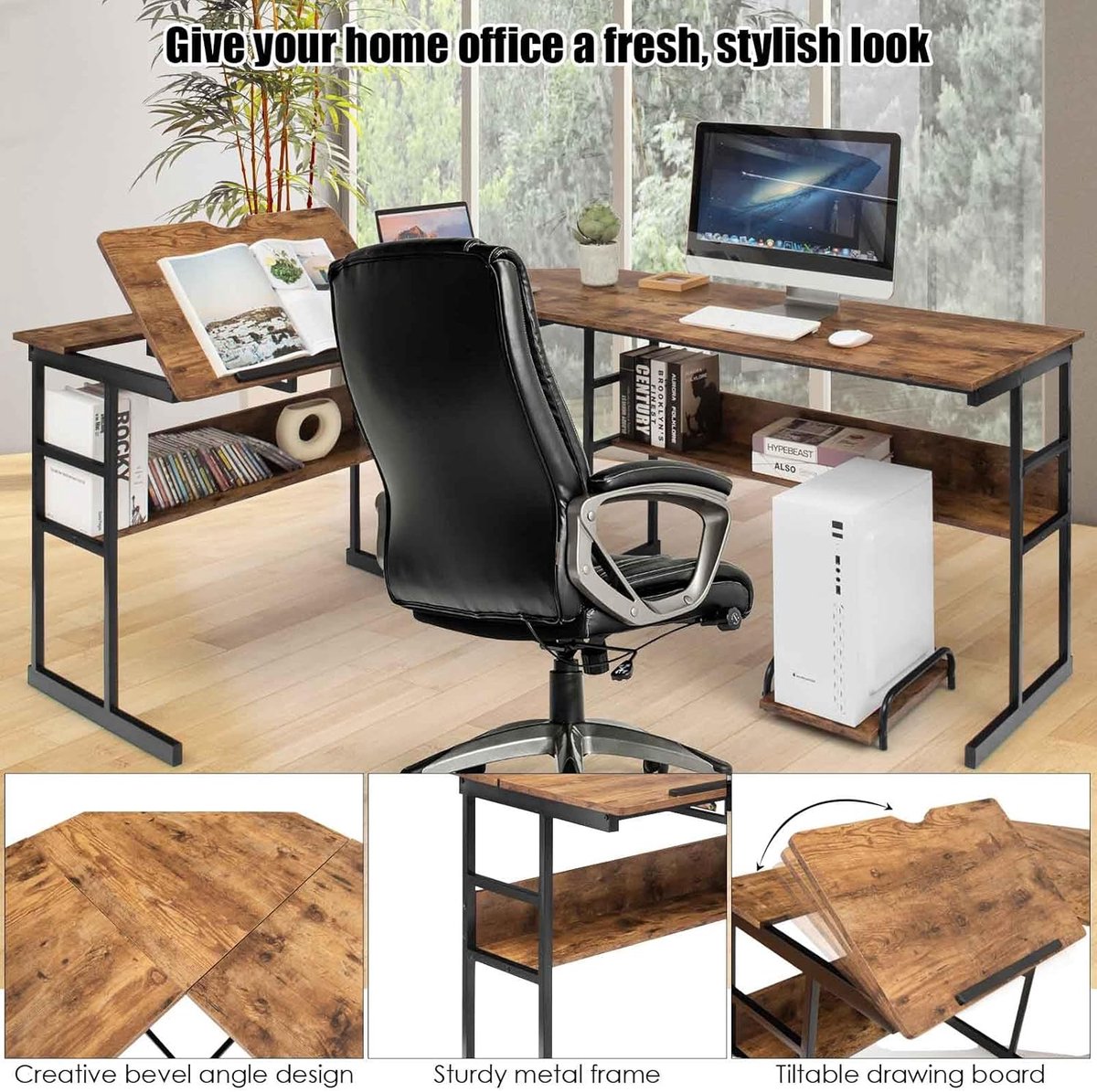 L-vormig bureau - Werkplek tafel - Thuiswerken Kantoor - Kantelbaar tafelblad - 170 x 150 cm - Rustiek bruin thumbnail 4