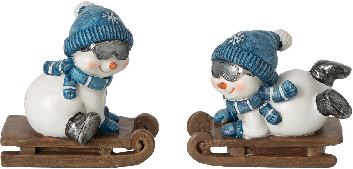 J-Line figuur Sneeuwman Slee - polyresin - wit/blauw - 2 stuks