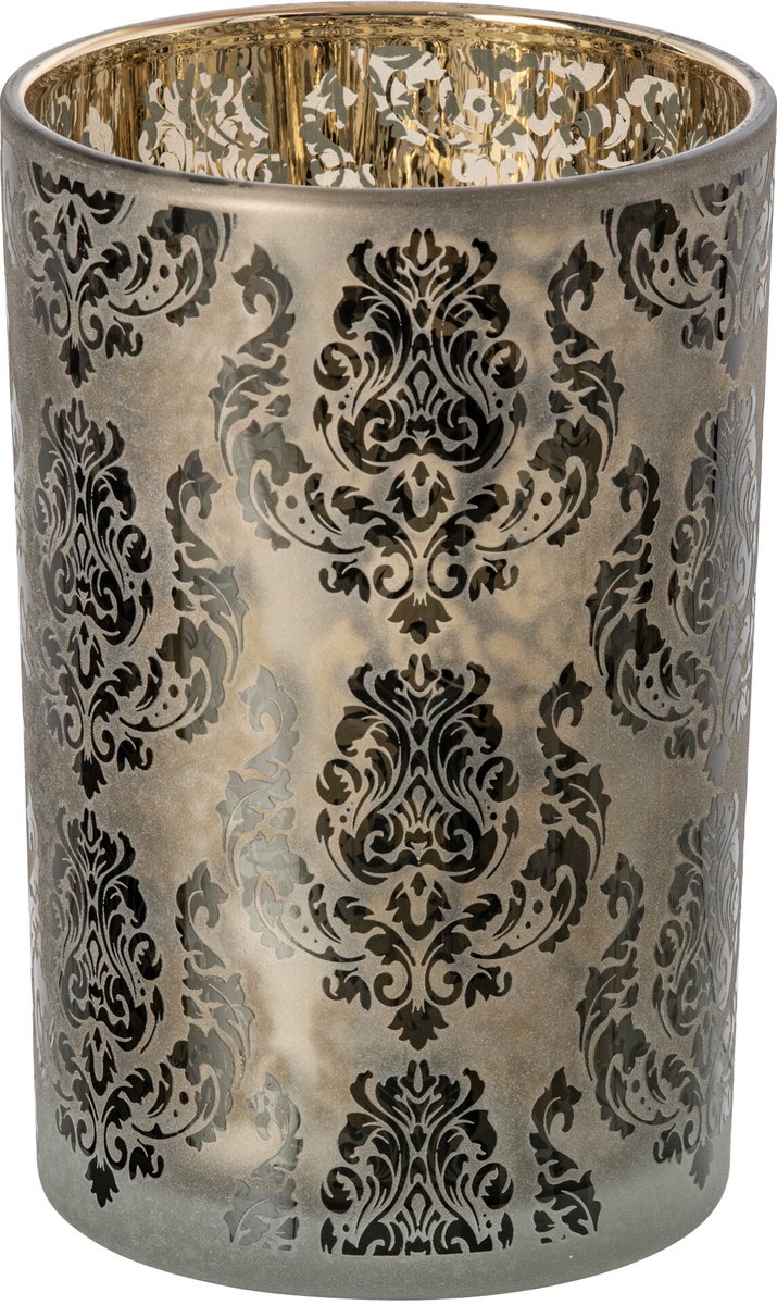 J-Line Windlicht met bloemen - glas - kakigroen/goud - large - set van 2