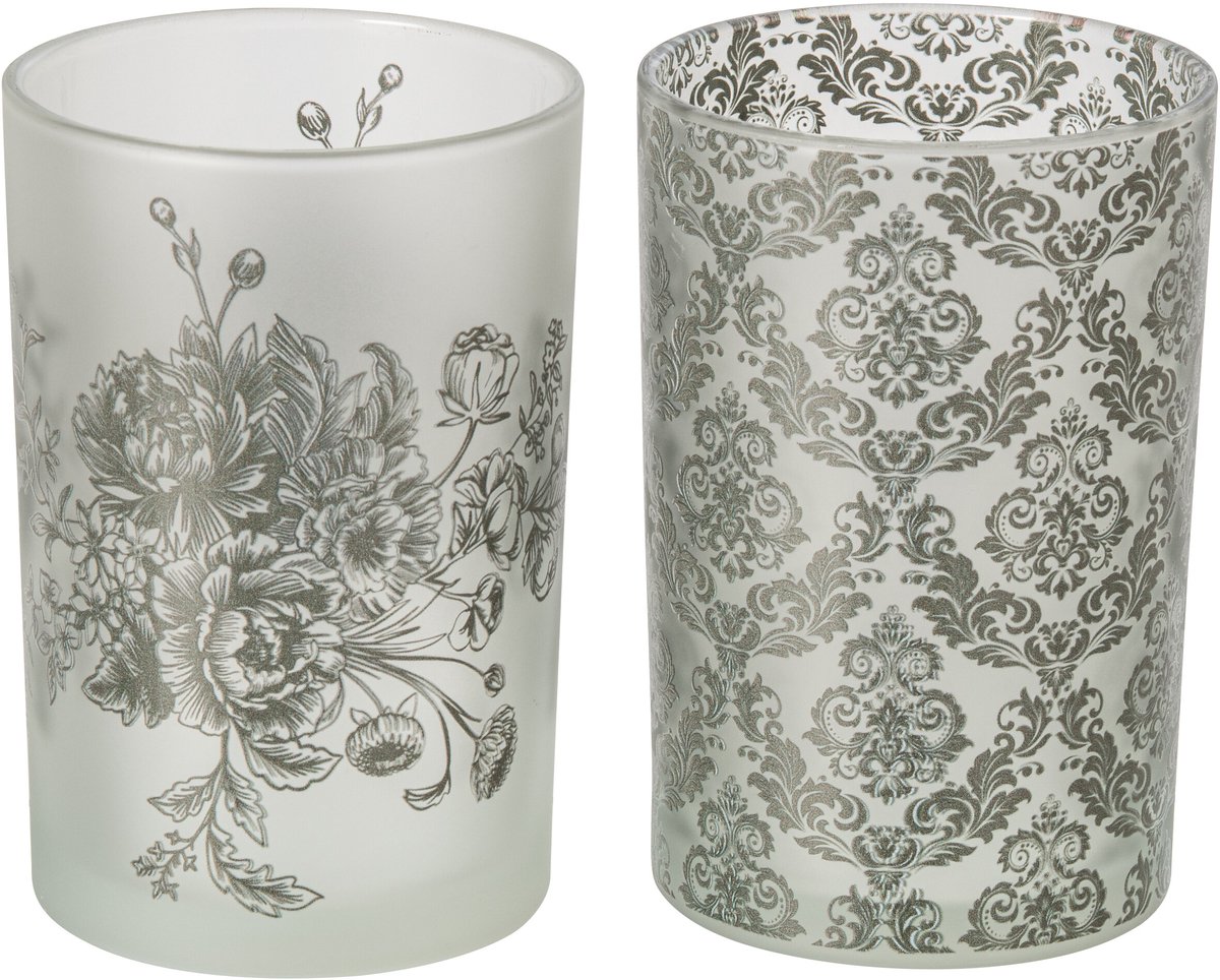 J-Line theelichthouder Bloemen - glas - kakigroen - large - 2 stuks
