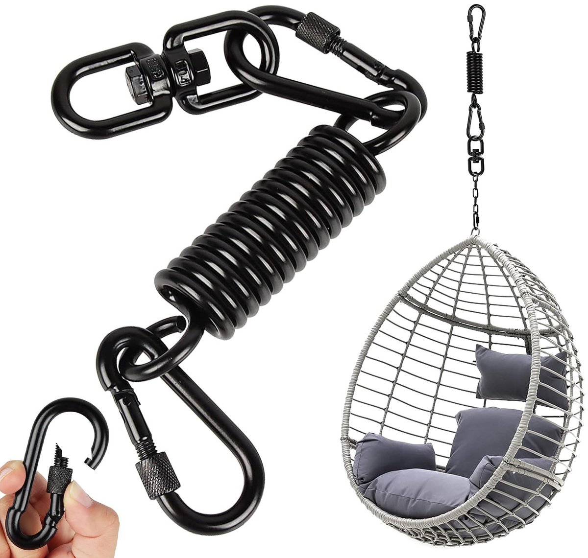 Hangveer - voor hangstoel met 2 karabiners 360° draaibare haak tot 250 kg draagvermogen ophangveer voor ondersteuning