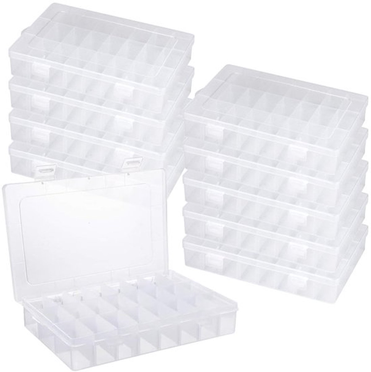 Opbergdoos 10 Stuks - Opbergdoos met 24 Compartimenten - Verstelbare Indeling - Plastic - Transparant - Compact 19,5 x 13 x 3,5 cm - Opbergdozen