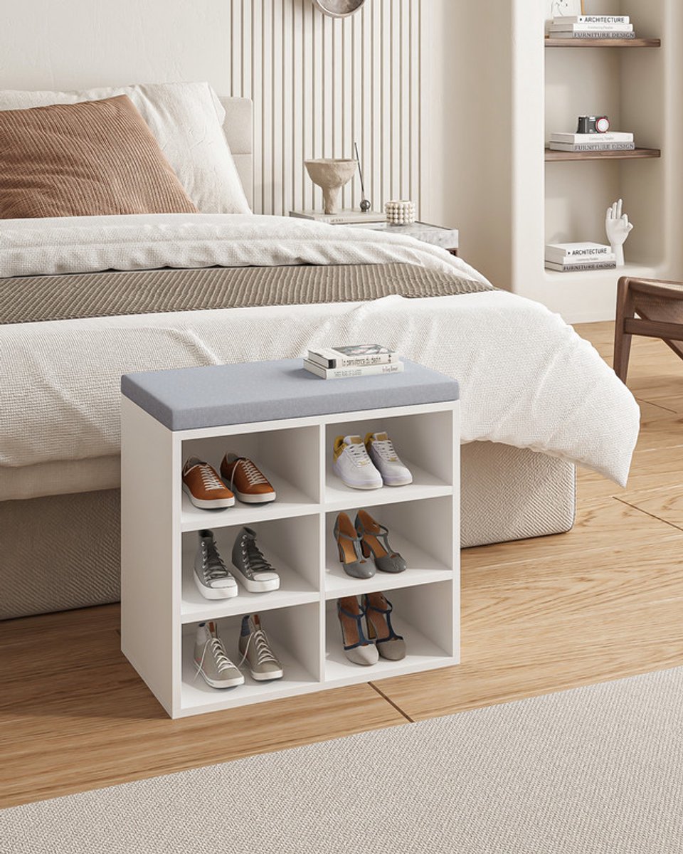 Hzuaneri Schoenenbank, Schoenenrek met Zitvlak, Zitbank met Opbergruimte, Kussen, 6 Vakken, 30 x 60 x 52,7 cm, Verstelbare Planken, Voor Woonkamer, Hal, Slaapkamer, Wit-Grijs