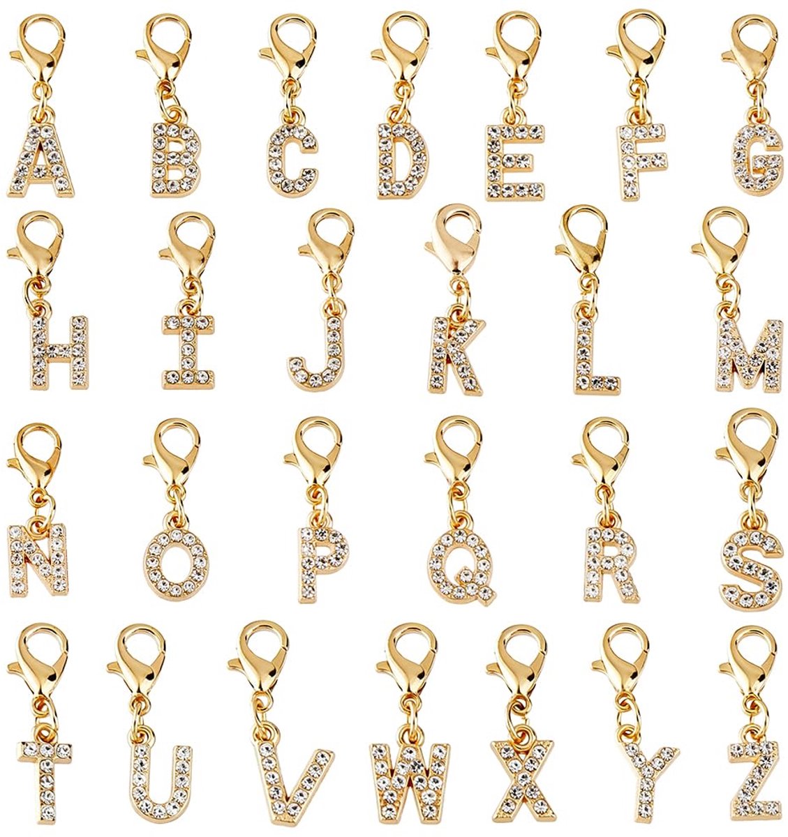 26 stuks strass letterhangers 27 mm A tot Z alfabet bedels met krabbenogen sluitingen legering strass hanger gouden clip on charm voor huwelijksgeschenk decoratie