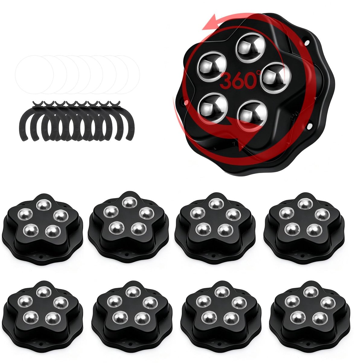8 stuks zelfklevende mini-wielen, 5-kogels, kogelwielen voor meubels, klein, wielen voor keukenapparaten met remkussen, zwart, voor vuilnisemmers, opbergdozen, dienbladen