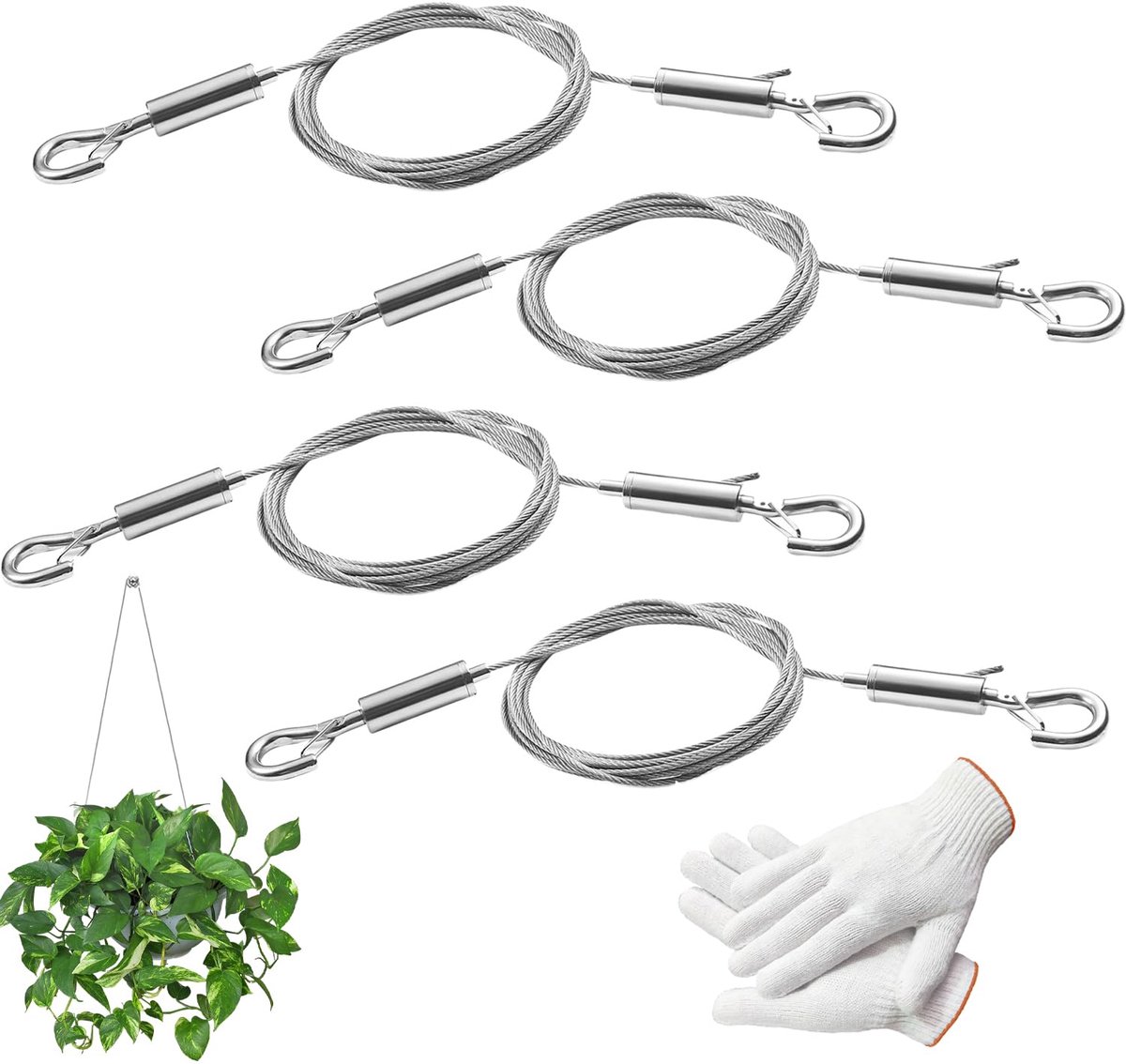 ophangkoord, 4 stuks roestvrijstalen staaldraad, 1 m × 1,5 mm staalkabel met ogen, roestvrijstalen kabel, fototouw met werkhandschoenen voor het ophangen van spiegel, fotolijst, lichtlam