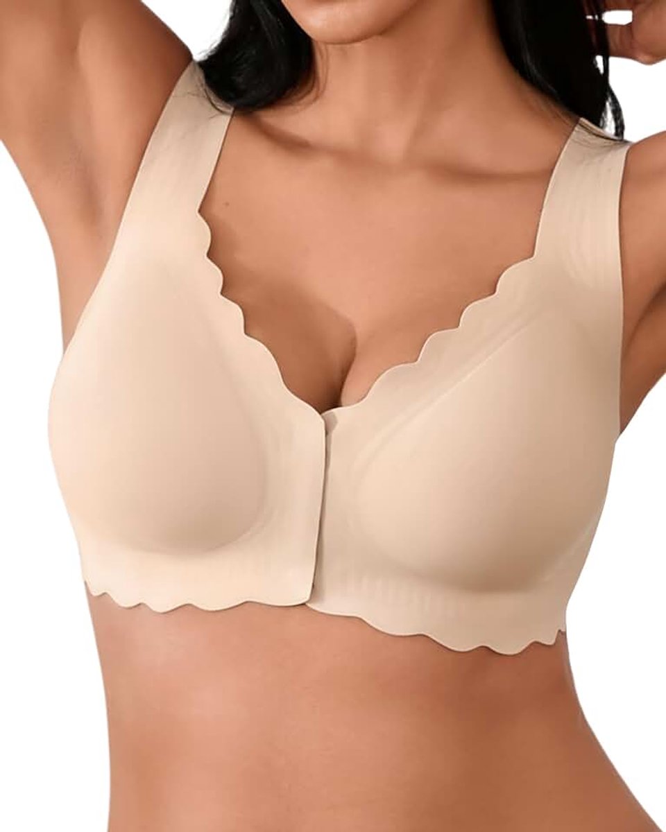 Beha met voorsluiting, zonder beugel, V-hals, golvende randen, push-up-beha, zacht, comfortabel, naadloos