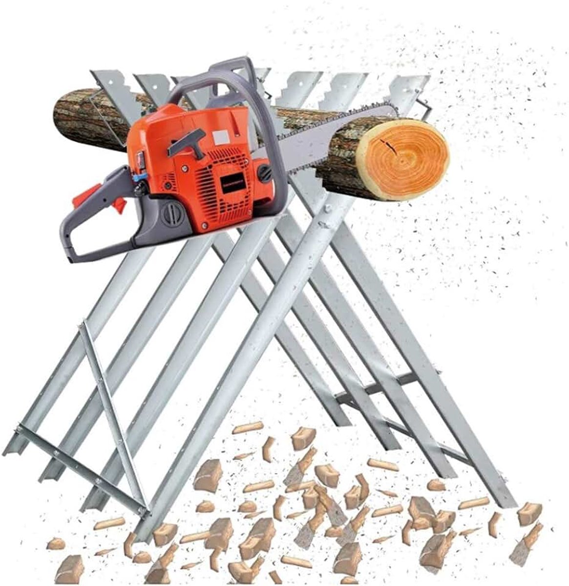 Zaagband voor kettingzaag, inklapbaar, 150 kg, metaal, verzinkt, voor tuin, tanden, houten standaard, zaagbok, kettingzaag (84 x 80 x 80 cm, 4 zuilen)
