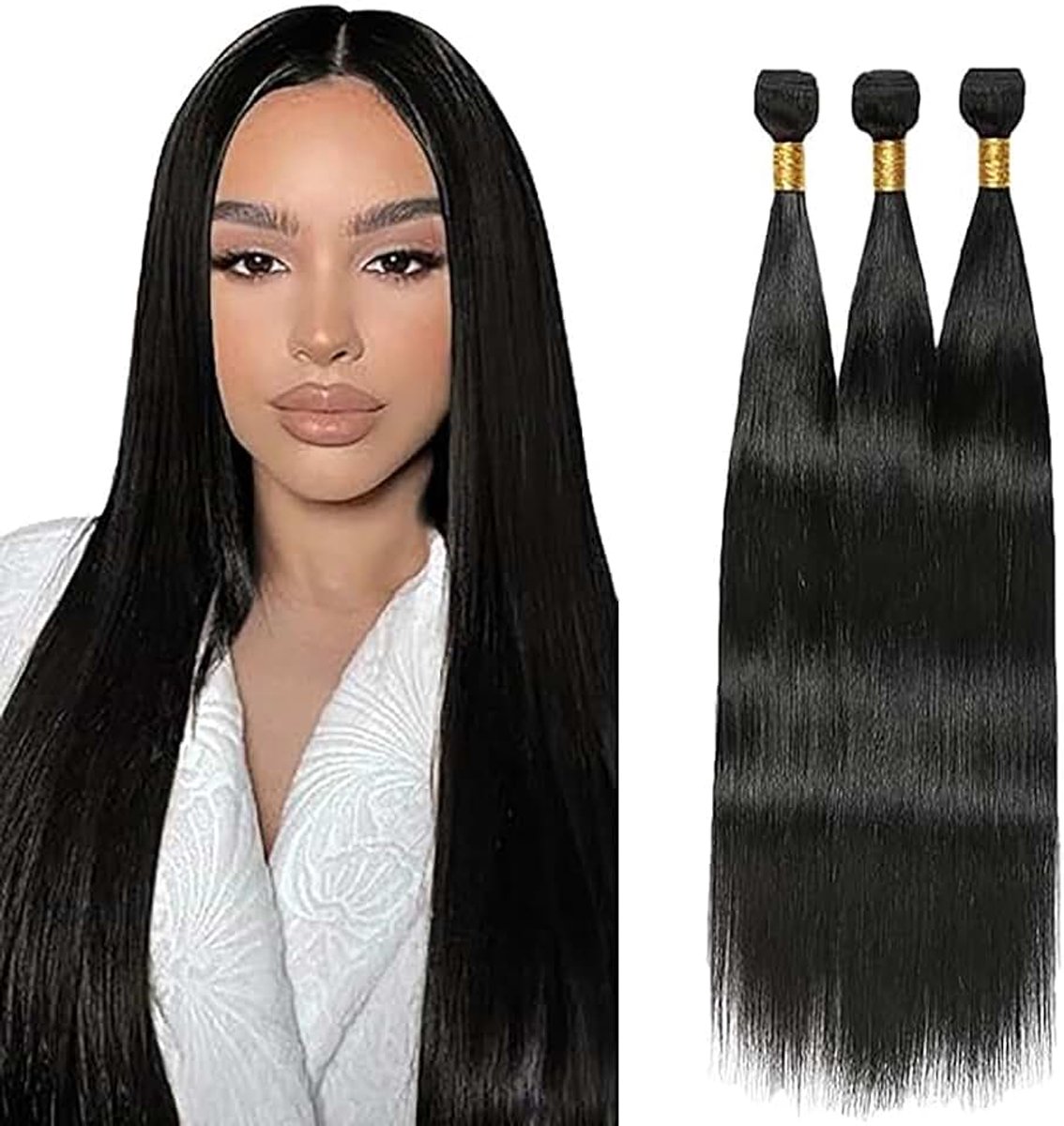 Straight Human Hair Bundles Unprocessed Human Hair Extensions Double Weft Weave 3 Bundles 50g/Piece #1B Natural Black Color for Woman 22 24 26 Inch